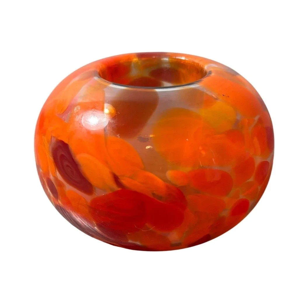 Vintage MCM Orange Swirl Handblown‎ Glass Votive Candle Holder